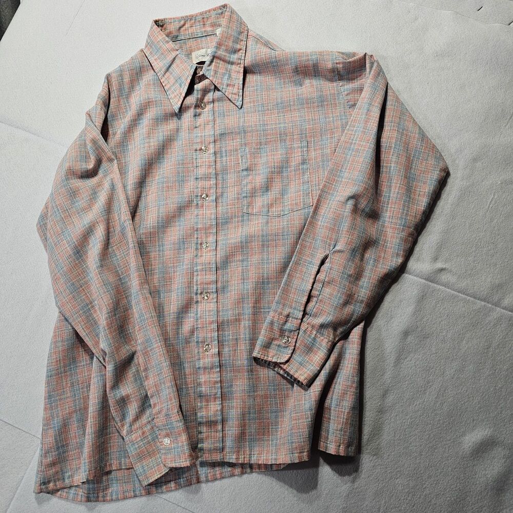 Vintage Gino Fabrini Mens Pink/Blue Plaid Button Down Shirt XL